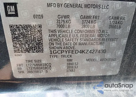 2019 Chevrolet Silverado 1500 Lt Trail Boss from USA, damaged, VIN 1GCPYFED4KZ427430